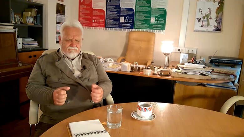 Backdrop from DIALOGUES AT THE FACTORY. The 6th meeting. Evgeny Gindper